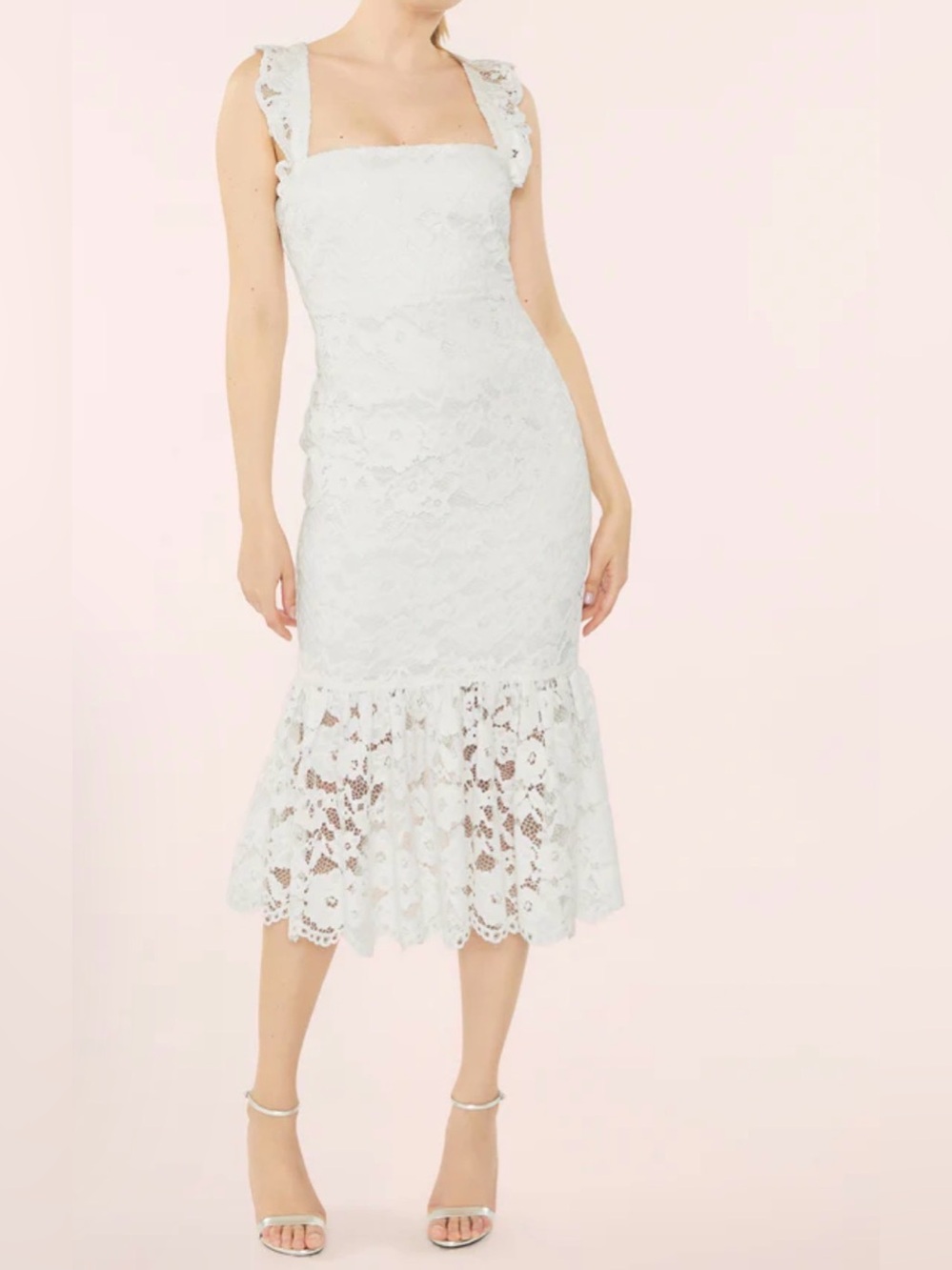 Likely HARA White Lace Square-Neck Midi Dress with Ruffle Hem